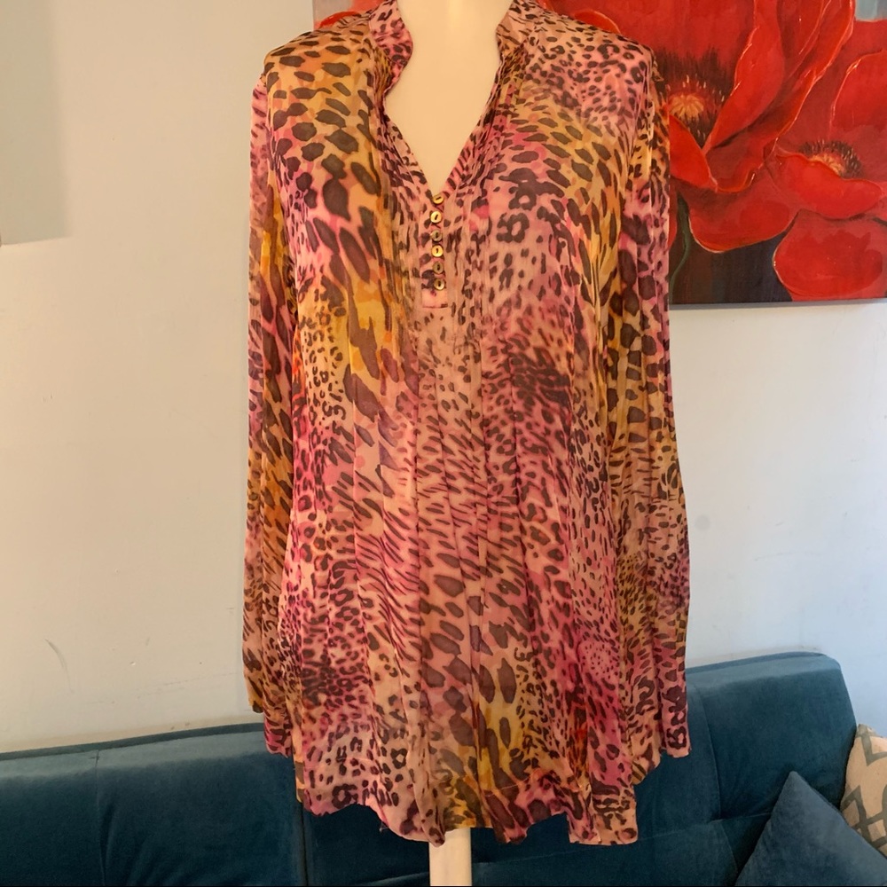 Lafayette 148 Career Silk Button Down Blouse Size 6 Cheetah Top
